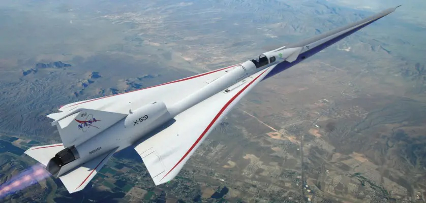 Picture of Lockheed's X-59 flying over inhabited areas.