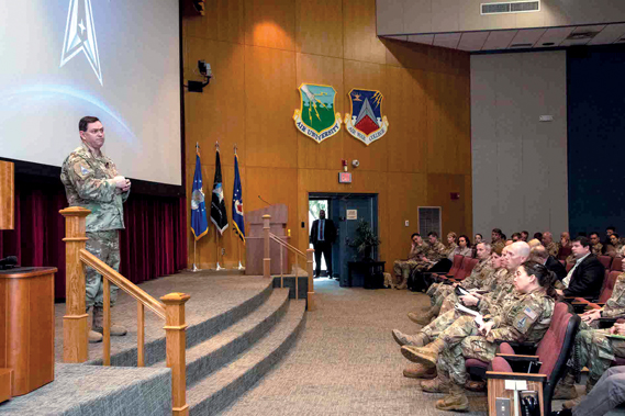 Chief of Space Operations Gen. Chance Saltzman addresses Air War College students during his visit to Maxwell Air Force Base, Ala., Jan. 23, 2024. Saltzman presented the three key Space Force lines of effort to field combat-ready forces, amplify the Guardian Spirit, and partner with allies and industry to win. (US Air Force photo by Melanie Rodgers Cox)