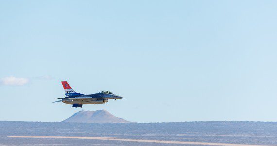 An F-16 Fighting Falcon assigned to the 416th Flight Test Squadron, 412th Test Wing, flies over Edwards Air Force Base, California, during Falcon Rejoin 50, Jan. 25, 2024. Falcon Rejoin 50 celebrated the 50th anniversary of the first flight of the YF-16 on Jan. 20, 1974. (Photo by: Kyle Brasier)