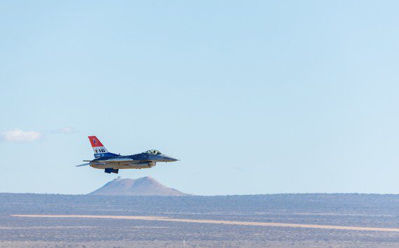 An F-16 Fighting Falcon assigned to the 416th Flight Test Squadron, 412th Test Wing, flies over Edwards Air Force Base, California, during Falcon Rejoin 50, Jan. 25, 2024. Falcon Rejoin 50 celebrated the 50th anniversary of the first flight of the YF-16 on Jan. 20, 1974. (Photo by: Kyle Brasier)