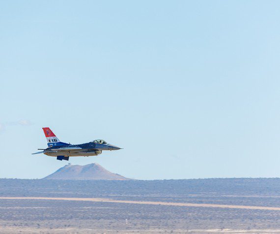 An F-16 Fighting Falcon assigned to the 416th Flight Test Squadron, 412th Test Wing, flies over Edwards Air Force Base, California, during Falcon Rejoin 50, Jan. 25, 2024. Falcon Rejoin 50 celebrated the 50th anniversary of the first flight of the YF-16 on Jan. 20, 1974. (Photo by: Kyle Brasier)