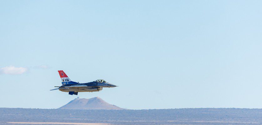 An F-16 Fighting Falcon assigned to the 416th Flight Test Squadron, 412th Test Wing, flies over Edwards Air Force Base, California, during Falcon Rejoin 50, Jan. 25, 2024. Falcon Rejoin 50 celebrated the 50th anniversary of the first flight of the YF-16 on Jan. 20, 1974. (Photo by: Kyle Brasier)