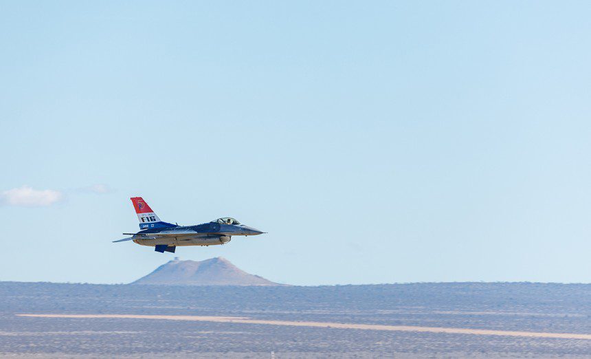 An F-16 Fighting Falcon assigned to the 416th Flight Test Squadron, 412th Test Wing, flies over Edwards Air Force Base, California, during Falcon Rejoin 50, Jan. 25, 2024. Falcon Rejoin 50 celebrated the 50th anniversary of the first flight of the YF-16 on Jan. 20, 1974. (Photo by: Kyle Brasier)