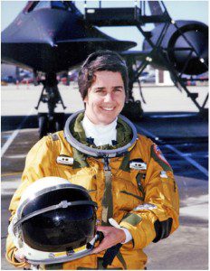 Marta Bohn-Meyer in front of the SR-71. She was the first female crewmember of NASA or the Air Force (and one of only two women) to fly in the triple-sonic SR-71.) NASA photograph