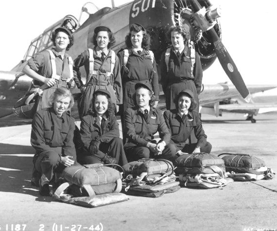 Eight WASP pilots in front of a North American AT-6 Texan 3 days before the WASPs were disbanded, Waco Army Airfield, Texas, United States, Nov 27, 1944. (U.S. Army Air Force photograph )