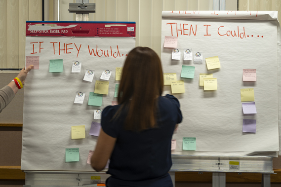 Andrea Aroche, 412th Logistics Readiness Squadron, participates in a creative brainstorming activity during a Project Mercury Innovators Workshop at Edwards AFB, California, Feb. 21-23, 2024. (Air Force photograph by Laisa Leao)