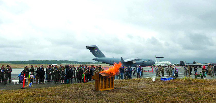 A piano is burned during the 3rd Wing’s 100th anniversary celebration at RAF Mildenhall in England to honor the wing’s fallen aviators. U.S. aviators witnessed the tradition during World War II and brought the tradition to America. (Air Force photograph)