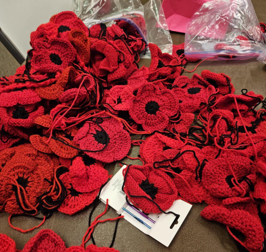 Poppies knit crocheted for Memorial Day 2025 by Legacy Commons Seniors. On display at AV Vietnam Wall at Rancho Tapo Park Simi Valley. (Courtesy photograph)