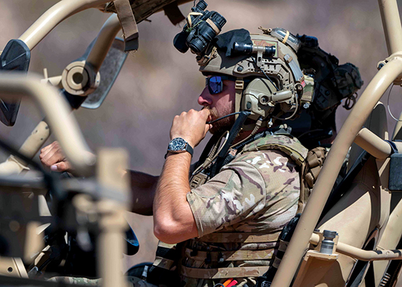 A U.S. Air Force pararescueman training with the 68th Rescue Squadron prepares to rescue a simulated casualty near Benson, Arizona, April 9, 2025. The training focused on honing critical skills for real-world missions, such as high-angle rescue fundamentals, patient packaging, rope systems and recovery procedures for steep terrain. (U.S. Air Force photo by Senior Airman William Finn V)