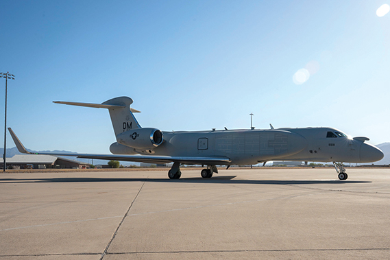 A U.S. Air Force EA-37B Compass Call aircraft assigned to the 43rd Electronic Combat Squadron sits on the flightline before taking off for its first official mission training sortie flight at Davis-Monthan Air Force Base, Arizona, May 2, 2025. The EA-37B Compass Call is a wide-area airborne electronic attack weapon system using a heavily modified version of the Gulfstream G550 airframe. (U.S. Air Force photo by Airman Samantha Melecio)
