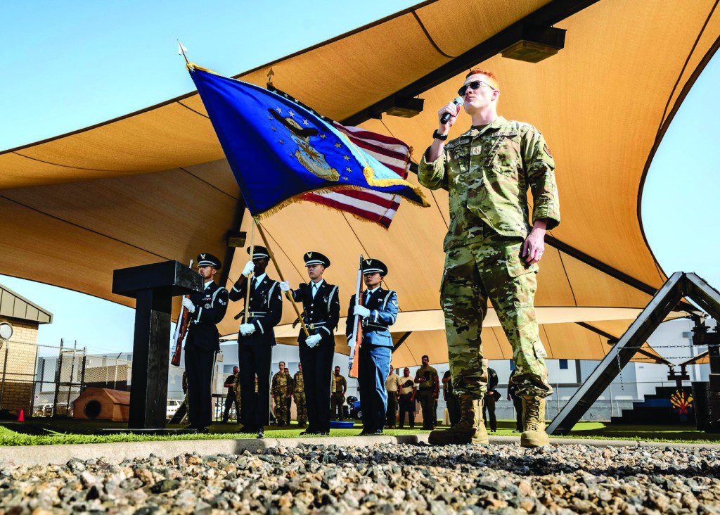 U.S. Air Force Airman 1st Class Joseph Longhurst, 56th Logistics Readiness Squadron mission generating vehicle equipment maintenance apprentice, and honor guardsmen assigned to the 56th Fighter Wing, present the colors and perform at a K-9 Competition, May 14, 2025, at Luke Air Force Base, Arizona. Held during Police Week, the competition showcased the skills and bond between law enforcement working dogs and their handlers. Luke AFB held various events throughout the week recognizing military and civilian police. 