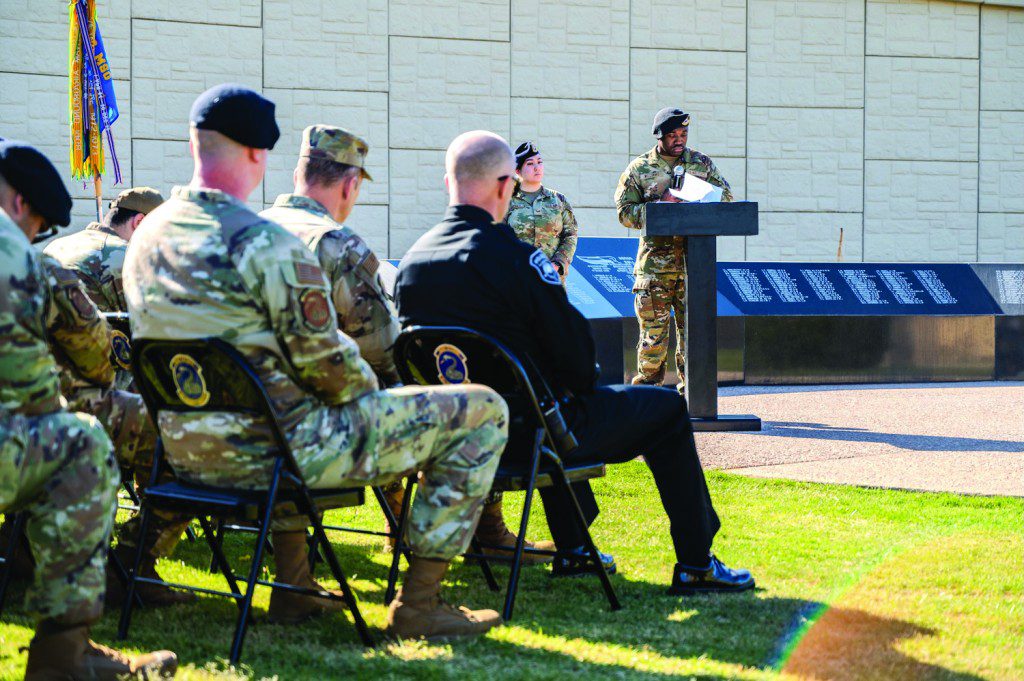 U.S. Air Force Staff Sgt. Alexander Williams, 56th Security Forces Squadron defender, recites opening remarks at Luke Air Force Base’s National Police Week closing ceremony, May 16, 2025, at Luke AFB, Arizona. National Police Week provides a time for honor, remembrance, and support, bringing together law enforcement, survivors, and the community to pay homage to fallen officers. The week includes the National Peace Officers Memorial Service and other events recognizing their ultimate sacrifice.