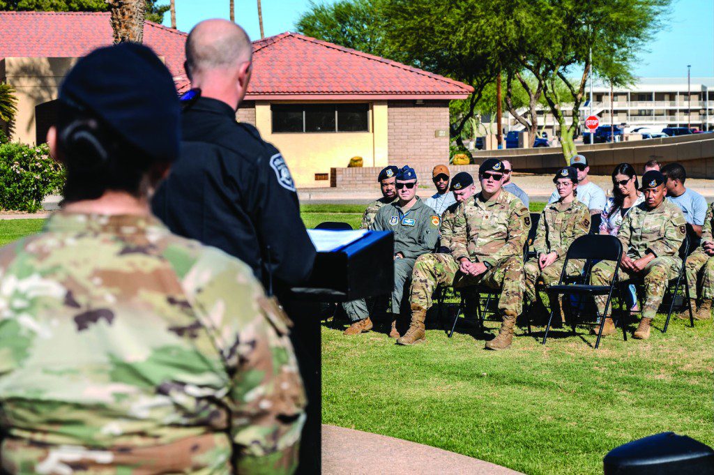 U.S. Air Force Airmen assigned to the 56th Fighter Wing gather at Luke Air Force Base’s closing ceremony for National Police Week, May 16, 2025, at Luke AFB, Arizona. This observance specifically honors military and civilian law enforcement, including the base’s own defenders who safeguard the installation. Throughout the week, events are held to recognize their vital role in protecting the community and the sacrifices made in the line of duty. 
