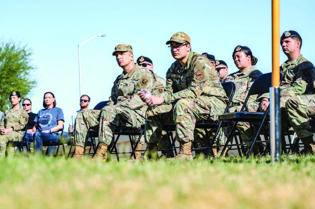 U.S. Air Force Airmen assigned to the 56th Fighter Wing gather at Luke Air Force Base’s closing ceremony for National Police Week, May 16, 2025, at Luke AFB, Arizona. This observance specifically honors military and civilian law enforcement, including the base’s own defenders who safeguard the installation. 