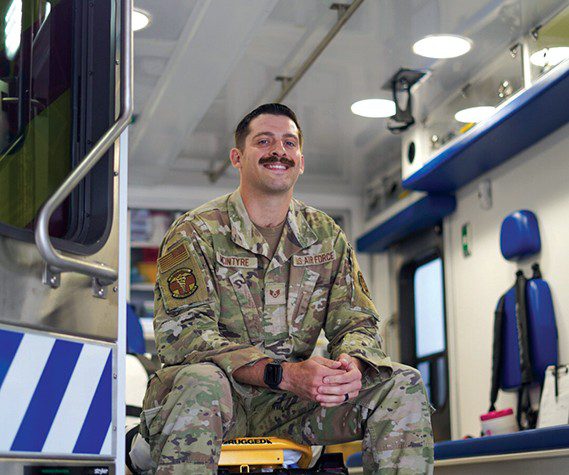 Paramedic Staff Sgt. Kenneth McIntyre sits inside an ambulance at Mike O’Callaghan Military Medical Center, Nellis Air Force Base, Nev. (Air Force photograph by Robyn Stulgaitis)