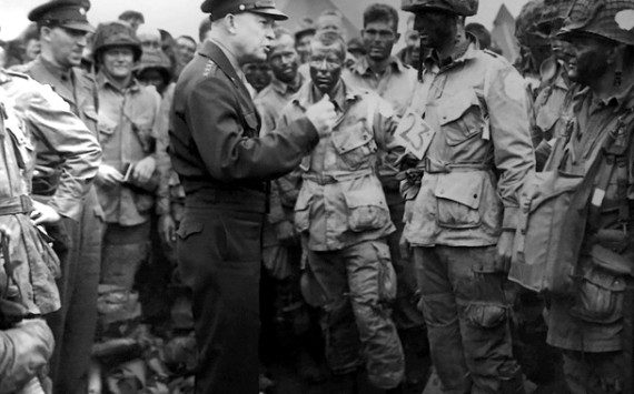 Gen. Dwight D. Eisenhower meets 101st Airborne troops before D-Day. Army photograph