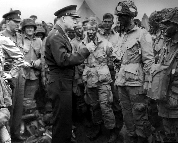Gen. Dwight D. Eisenhower meets 101st Airborne troops before D-Day. Army photograph
