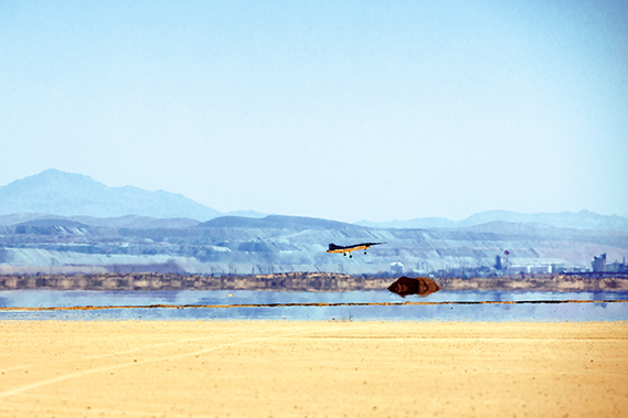 The Mk 1 Quarterhorse, a remotely piloted aircraft designed by Hermeus departs from Rogers Dry Lake during testing at Edwards Air Force Base, Calif. The Mk 1 Quarterhorse was designed to demonstrate a rapid developmental pace, advancing Hermeus’ mission to operationalize hypersonic technologies. The Experimental Test Force at Edwards (Formally the Emerging Technologies Integrated Test Force) assisted with marvel airworthiness process’ without impact to flight safety. This approach reflects a renewed emphasis on industry integration from the Air Force Test Center. (Air Force photograph by Lindsey Iniguez)